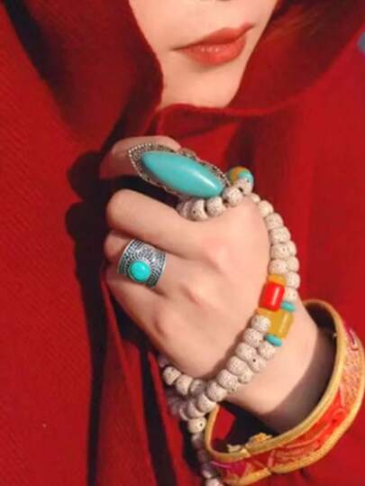 Bộ nhẫn ngọc lam phong cách Bohemian cổ điển, nhẫn vàng đính đá quý nhiều màu sắc độc đáo, phụ kiện thời trang nghỉ dưỡng dành cho nữ.