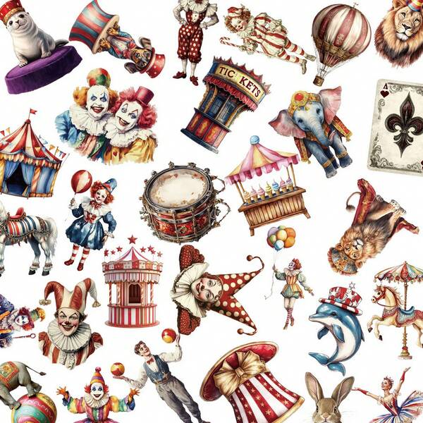 50pcs Transparent PET Stickers Vintage Circus Themed Decoration Cartoon Stickers Animal Stickers Music Stickers Graffiti Stickers Aesthetic Stickers Vinyl Waterproof Stickers For Journaling Computer Scrapbook Luggage Water Bottle Phone