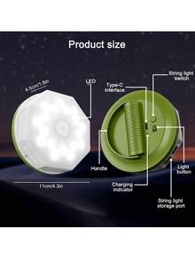 1 pieza Luces de cadena portátiles para camping, lámpara de camping con gancho, luz de tienda recargable por USB, luz de decoración de ambiente para camping, barbacoa, toldo, jardín, fiesta, Halloween, Navidad