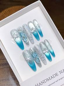 10 片纯手工可穿戴指甲，长椭圆形指甲形状，手绘 3D 浮雕，蓝色渐变猫眼热带风格假日，按压式指甲按压式丙烯酸秋季指甲 - 彩色 - 查看 4