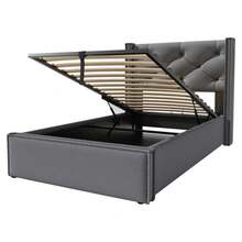 Hydraulic Single Upholstered Bed 90x200cm, Bed With Slatted Metal Frame, Modern Bed Frame With Storage Space, Cotton, Grey