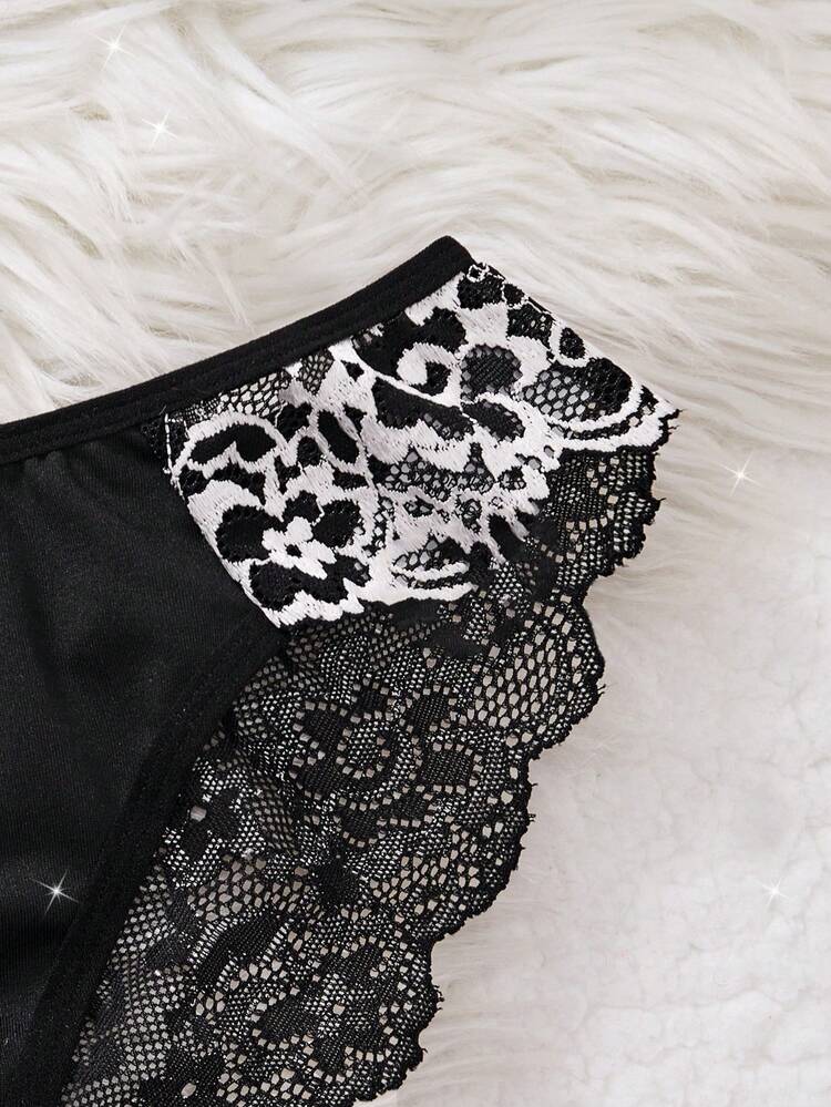 2 piezas Conjunto de ropa de dormir con encaje floral en contraste, camisón semitransparente con cuello en V y lazo, pijama elegante para mujer - Negro - Añade 5