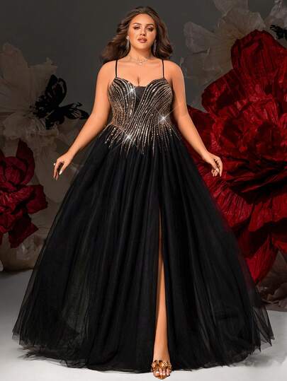 VIPGIRL 加大码黑色亮片紧身薄纱高开衩舞会礼服，细肩带亮片长款礼服，女士晚礼服，优雅派对礼服，适合曲线女性的迷人舞会礼服，A 字形薄纱长裙，适合特殊场合的正式礼服