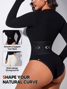 Women's Solid Color Round Neck Fitted Raglan Sleeve Bodysuit, Summer Black Elegant - Black - View 2