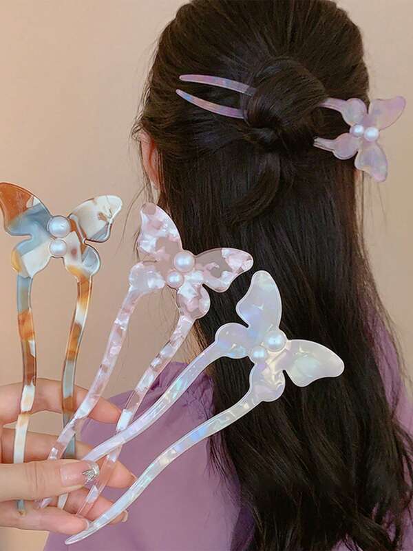 1pc Women's Sweet Elegant Butterfly Flower Acetate Hair Clip, Elegant Retro Bun Hairpin, Graceful Hair Accessory, Bun Extension, Pins For Hair