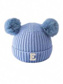 1 件 A-Z 0-3 岁冬季保暖双层加厚婴儿羊毛针织帽新生儿帽子双绒球可爱帽子适合儿童男童女童儿童无檐帽 - 藍色 - 查看 8
