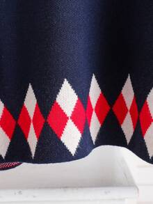 Girls' Collared Long Sleeve Sweater Dress, School Style - Navy Blue - View 5