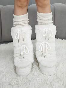 Faux Fur Snow Boots For Women Fuzzy Fluffy Furry Lace Up Mid Calf Boots Winter Warm Fur Boots For Christmas - 白色 - 查看 7