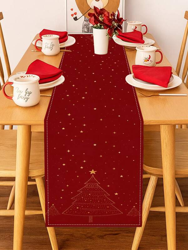 1 Pc Line Christmas Tree Table Runner Gold Star Table Runner Washable Suitable For Indoor And Outdoor Party Kitchen Home Dining Table Centerpiece Can Be Used For Living Room Rectangular Table Restaurant Decoration