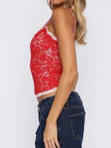 Women Y2k Lace Floral Camisole Patchwork Spaghetti Strap Crop Tank Tops Sleeveless Backless Tank Tops Open Back Going Out Tops Slim Fitted Shirt Basic Tees Club Streetwear Aesthetic Clothes - 紅色 - 查看 5