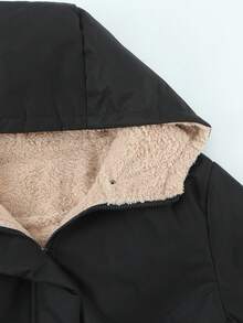 Jaqueta com Capuz Feminina, Casaco Casual Parka, Tecido Acolchoado de Cor Sólida, Adequado para Outono, Inverno, Primavera - Preto - Visão 8