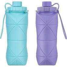 Silicone Collapsible Bottles,Lightweight Reusable Leakproof Traveling Camping Hiking Cycling Sports Outdoor,Foldable Portable Travel Bottle 600ML Dark And Purple 2Pack. - Blue+Purple - View 2