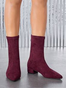 Women's Pointed Toe Faux Suede Ankle Boots, Suitable For Commuting And Office Wear - Burgundy - View 3