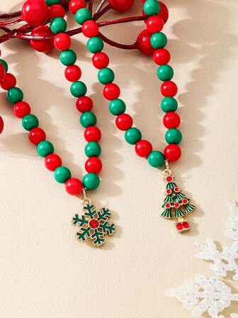 2 件套时尚可爱红绿串珠项链，金属绿色圣诞树，红宝石雪花吊坠，女士项链套装，适合作为送给女儿的圣诞礼物，与最好的朋友搭配