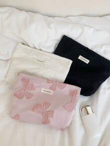 1 PC White Bow Clutch Bag For Travel And All-Match Portability Back To School Make Up Bag, Fashionable And Casual Large Capacity Portable Zipper Makeup Bags, Travel Storage Stationery Storage, Vacation Essentials Cosmetic Bags For Pouch Pads, Wired Earphones, Earpods, Headphones, Charger, Lipsticks, Perfume, Skin Care And Beauty Products,Gifts For Women,Christmas Gifts,Gift Ideas For Women