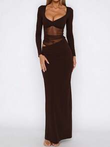 Sexy Y2K Mesh Patchwork Long Sleeve Dress, Sheer Black French Elegant Design Dress For Dates And Parties - Brown - View 1