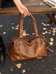 City Commute Large Capacity Shoulder Tote Bag, Solid Color Vintage PU Leather, Versatile High-Quality Bag Suitable For Travel, Shopping, Work, Etc.
