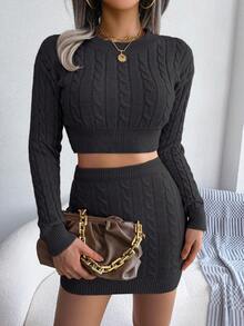 Women Solid Knit Set Round Neck Crop Top Bodycon Skirt Long Sleeve Fall Winter Coordinates - màu đen - Xem 4