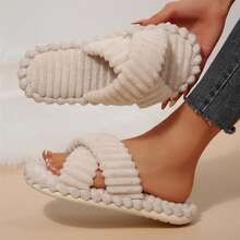 Womens Slippers Fall Winter Memory Foam Open Toe Slide Indoor Outdoor House Shoes Plush Cotton Fuzzy Bedroom Slippers - Khaki - View 6
