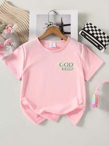 女童休闲标语印花短袖T恤，夏季 - 粉色 - 查看 2