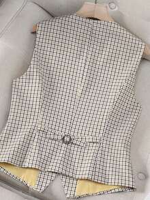 Áo khoác vest nữ vải dệt kẻ caro, túi cài nút phía trước, thường ngày, mùa xuân/thu - Màu vàng - Xem 7