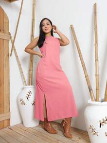 Women's Linen Midi Dress With Pockets, Plain, Wide Straps, Elegant - Coral Pink - View 5