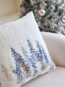 1pc Autumn/Winter Pine Tree Faux Fur Embroidered Throw Pillow Cover, Home Decor Suitable For Living Room, Sofa, Bedroom, Party, Car And Various Environments - Multicolor - View 6