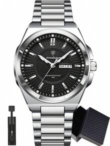 POEDAGAR 1 件男士不锈钢防水夜光石英表，经典休闲日期星期显示男士腕表，时尚男士腕表，适合日常场合，男士礼物 - 均碼 - 查看 17