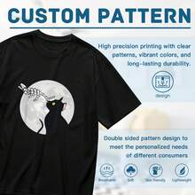 Camiseta unisex divertida de mano de esqueleto, gato y luna para Halloween - 220g% algodón, blanco y negro, manga corta, cuello redondo, gráfico de Halloween, regalo para hombres, mujeres, papá, mamá y amigos, tallas S- - Negro - Ver 7