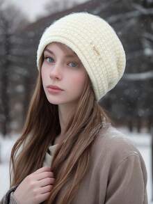 1 pieza Gorro de punto de corte holgado unisex con decoración de lazo de metal, suave y cálido, adecuado para exteriores, caminatas, uso diario en otoño/invierno