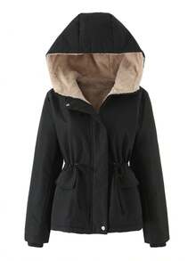 Jaqueta com Capuz Feminina, Casaco Casual Parka, Tecido Acolchoado de Cor Sólida, Adequado para Outono, Inverno, Primavera - Preto - Visão 6