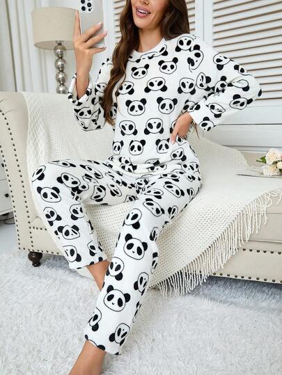 Conjunto de pijama de inverno feminino de 2 peças, pijama fofo com forro de flanela e estampa fofa de panda, roupa de dormir minimalista e moderna, conjunto de 2 peças, roupas de outono