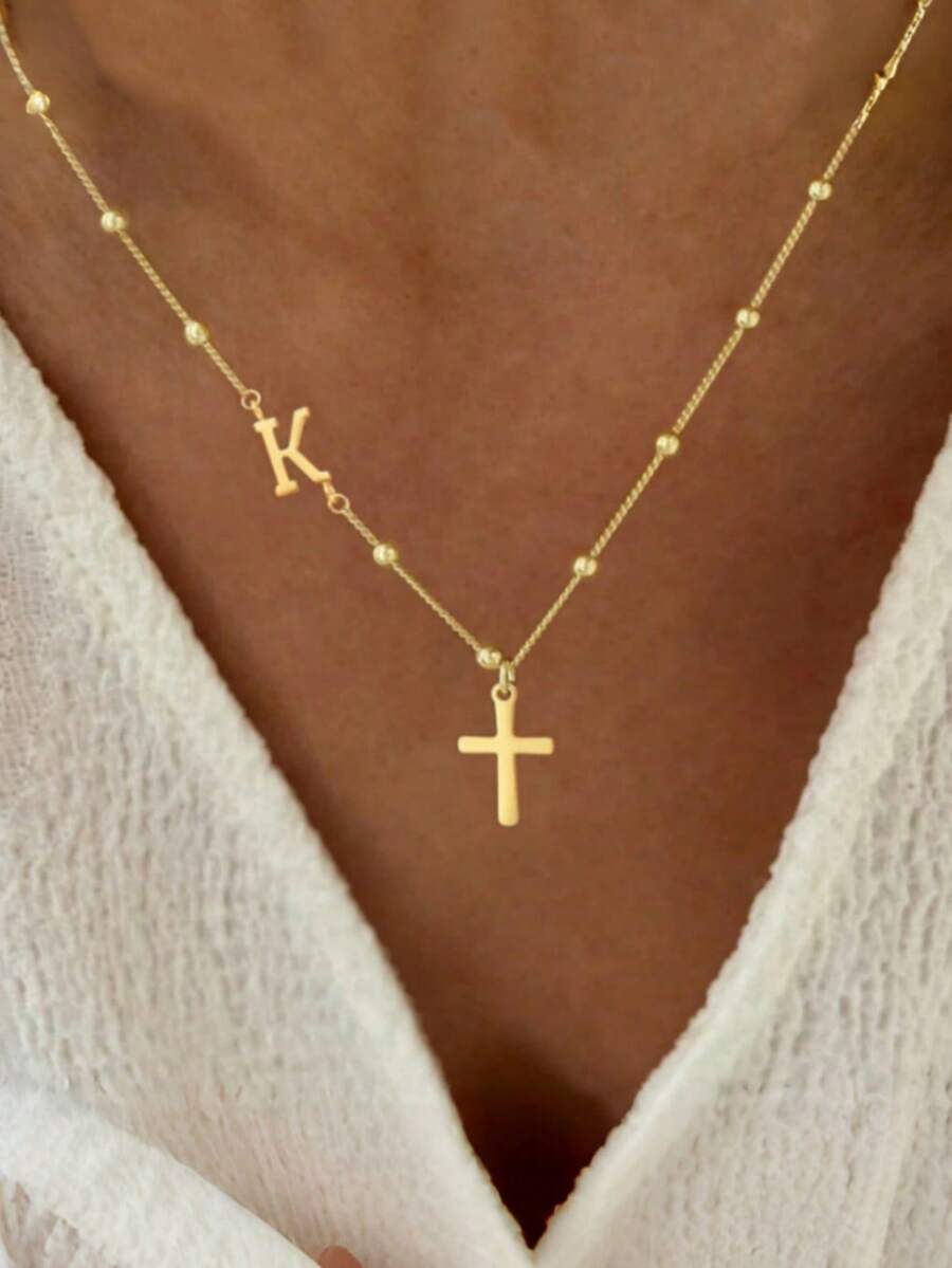 1 件女士新款经典 First Cross 26 个字母十字架吊坠金色不锈钢珠链项链 - 款式2 - 查看 1