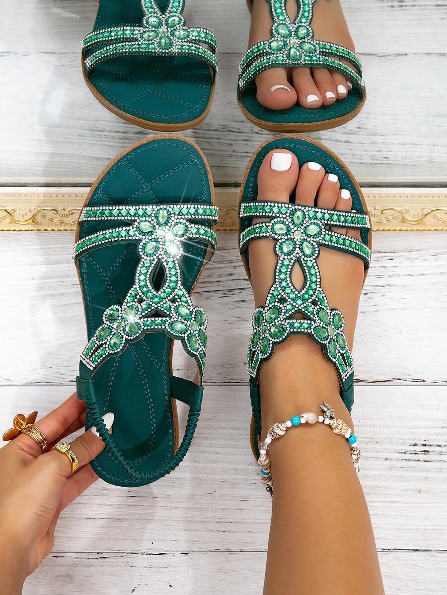 Bohemian Rhinestone Embellished Flat Sandals For Women – Open-Toe T-Strap Design With Shimmering Crystal Accents, Comfortable Elastic Back Strap, Perfect For Summer Beach, Vacation, Casual Outings And Evening Events, Lightweight Footwear To Elevate Your Warm-Weather Style - 綠色 - 查看 1