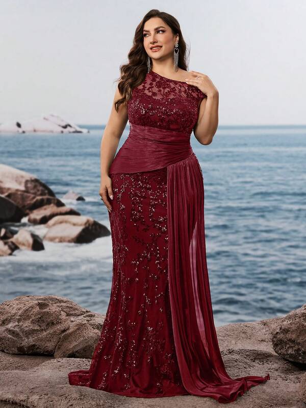 BluePlum Đầm dạ hội sang trọng màu mận xanh đính ruy băng satin và sequin, đầm cocktail dáng đuôi cá thanh lịch với đường viền cổ bất đối xứng, đầm dự tiệc cưới không tay họa tiết hoa, đầm gợi cảm phong cách retro mùa xuân cho nữ.