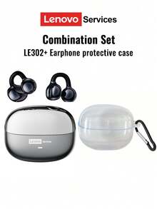 Lenovo LE302 Bluetooth Earphones With Transparent Protective Case, Earhook Style Open-Ear Surround Sound, High-Quality Audio, Low Latency, Music, Gaming, Directional Audio, ENC Noise Cancellation, Clear Calls, Wireless Earbuds For Running