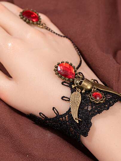 1 Piece Of High-End Elegant Black Lace Rose Pearl Chain Ring Bracelet Integrated Halloween Style Suitable For Halloween Decoration And Wearing As A Halloween Gift For Classmates