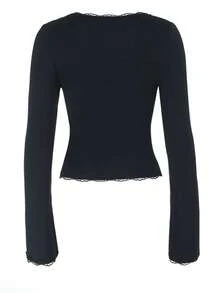 WOWDARK Women's Summer Top, Black Lace Trim V-Neck Flare Sleeve Casual T-Shirt, Suitable For Valentine's Day, Dates, Gatherings, Parties, Travel, Vacation, Beach And Other Occasions - Black - View 7