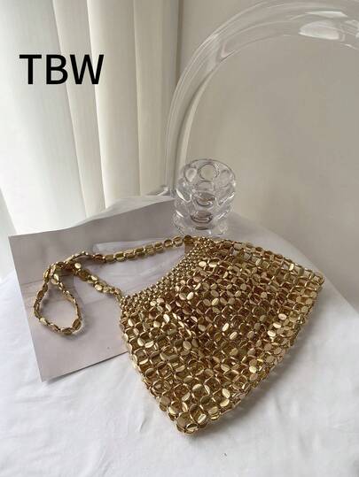 Ladies' Crossbody Bag With Metal Hollow Design, Handcrafted With Beading, Suitable For Outings.