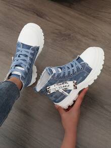 1 Pair Women's High Quality Versatile All Season Fashion High-Top Running Shoes, Flat Hiking Shoes, Sports Canvas Casual Sneakers, Suitable For Size 35-44