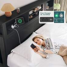 Estructura de cama de metal con 6 cajones de almacenamiento y estación de carga. Plataforma de cama con cabecera con librero. Sin ruido, sin necesidad de somieres. - Negro - Ver 3