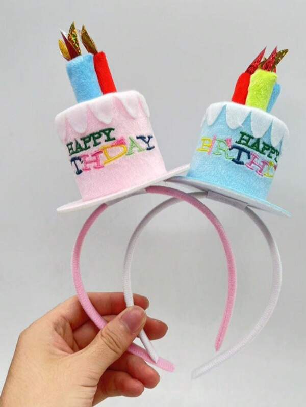 2pcs Birthday Party Headbands, Cake Themed Headbands - 1 Pink, 1 Blue, Both In 3D Plush Cake Design, Decorated With Colorful "Happy Birthday" Text And Realistic Candle Accents With Glitter On Top