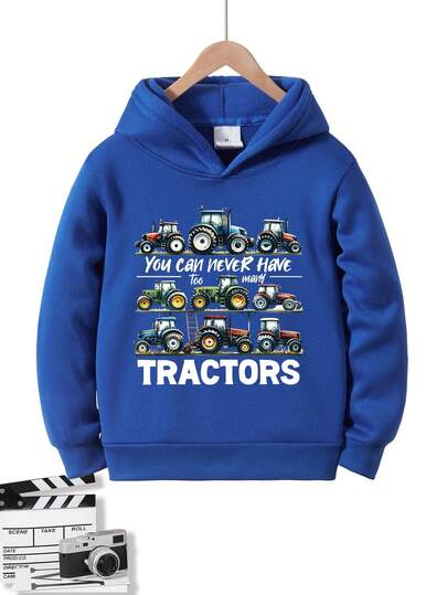 Felpa con cappuccio da ragazzo con stampa di slogan e trattore