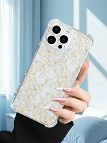 1PC Funda de teléfono con diseño floral dorado estilo minimalista elegante y funcional: funda transparente anticaídas, compatible con iPhone16/15/14/13/12/11/XS/XR/X/PLUS/PRO/PROMAX, agarre cómodo, regalo perfecto para amigos, novia, novio, familiares - transparente - Ver 3