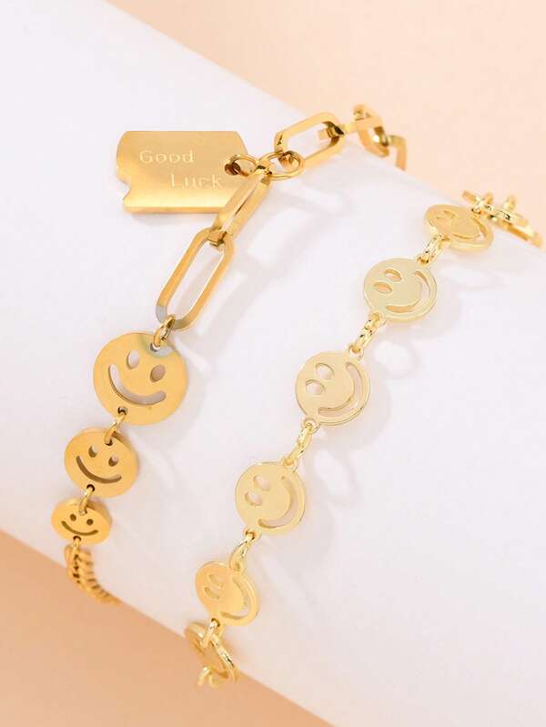 1 peça Western Vintage 18K banhado a ouro inoxidável bonito rosto sorridente corrente boa sorte letras charmes pulseira adequada para uso diário feminino, pulseiras de charme à prova d'água acessórios joias femininas, festa, dia dos namorados acessórios joias uso diário