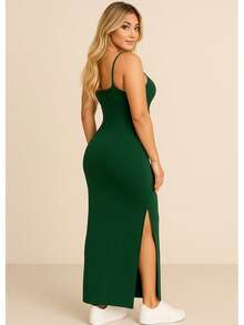 Women's Elegant Casual Long Dress In Ribbed Knit With Side Slits - màu xanh lá - Xem 2