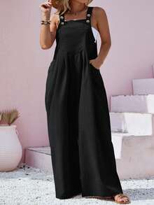 Plus Size Solid Color Sleeveless Overall With Pockets, Fall&Winter,Black