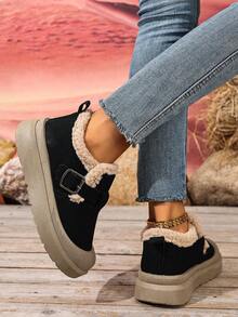 1 Pair Fashionable Korean Style Women's Snow Boots, Buckle Design, Low-Top Short Plush, Outdoor Snow Boots, Cold-Resistant, Anti-Slip, Wear-Resistant, Winter - Black - View 6