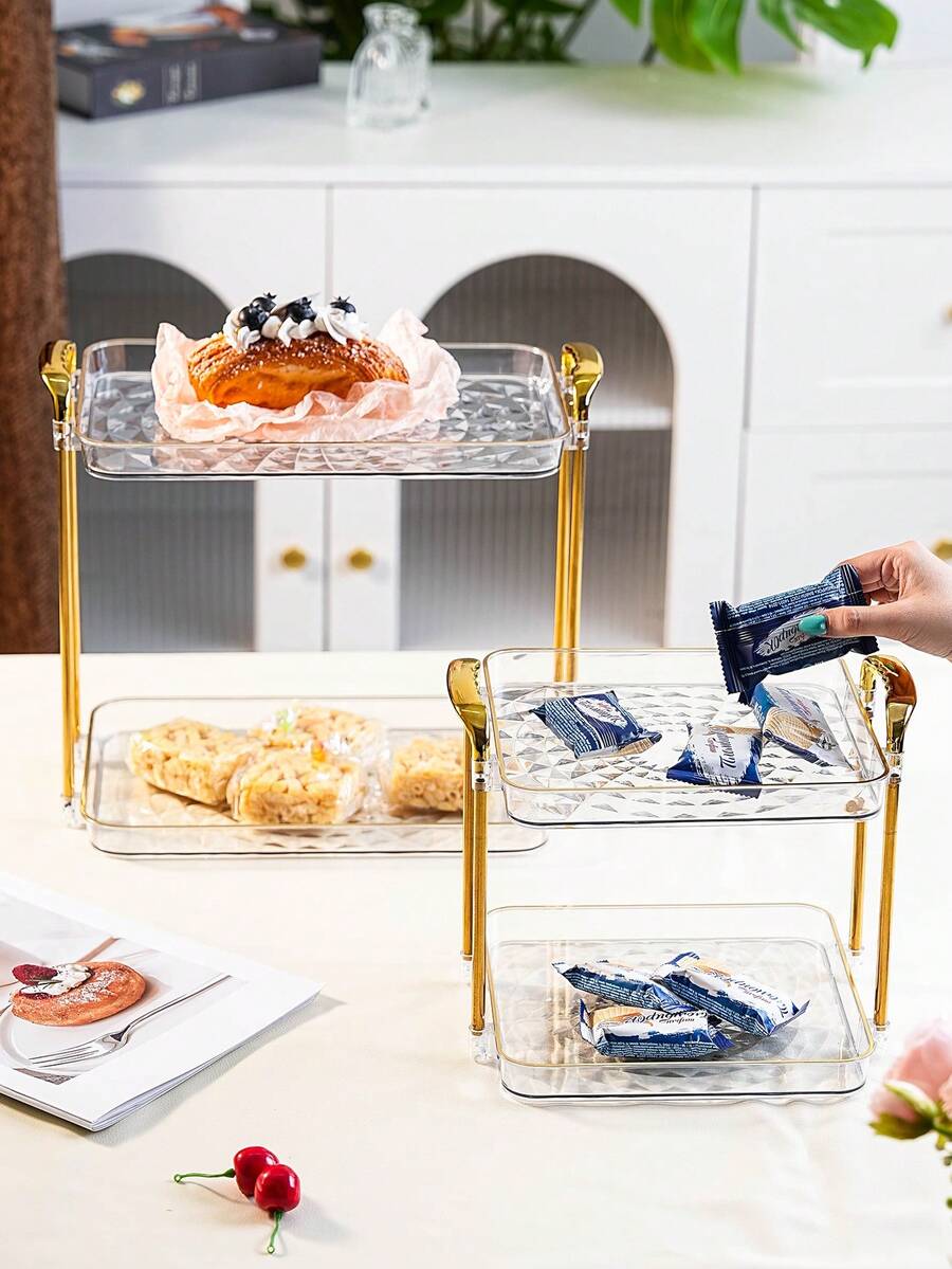 Double Layer Tray, PET Material, Durable And Shatter-Resistant, Multi-Scenario Multi-Function Storage Tray, Suitable For Kitchen, Bathroom, Living Room And Other Tabletop Daily Storage, Suitable For Various Holiday Celebrations, Weddings, Parties, Dinner Parties, Desserts, Snacks, Bread And Cake Trays - Transparent - View 1