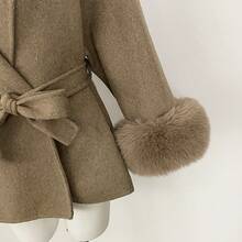 OFTBUY Solid Color Wool & Faux Fur Patchwork Belted Loose Fit Casual Jacket, Suitable For Daily, Airport, Holiday, Travel In Autumn/Winter